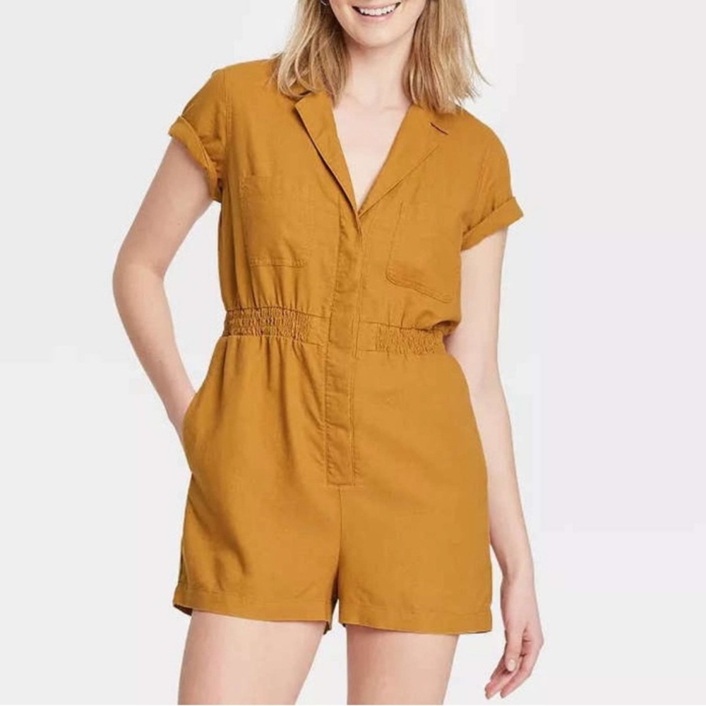 Universal Thread Linen Short Sleeve Utility Boilersuit Shortalls Romper Sz - L